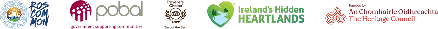 Roscommon Tourism, Pobal, Heritage Council and Tripadvisor logos
